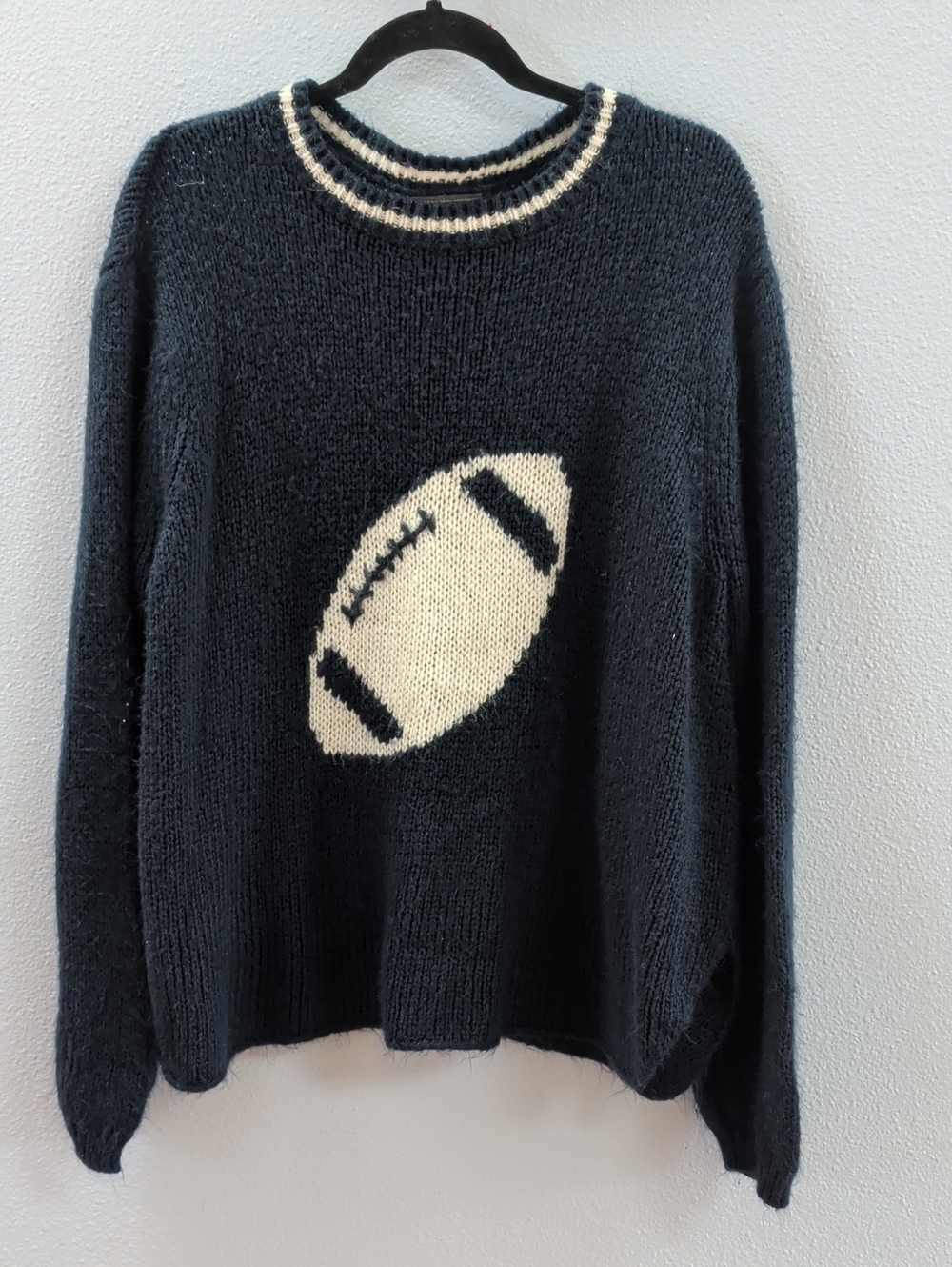 Wooden Ships Blue Crewneck Sweater with Cream Football Novelty